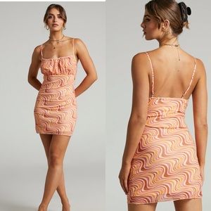 SHERECE MESH MINI DRESS WITH RUCHED BUST IN MULTI SWIRL